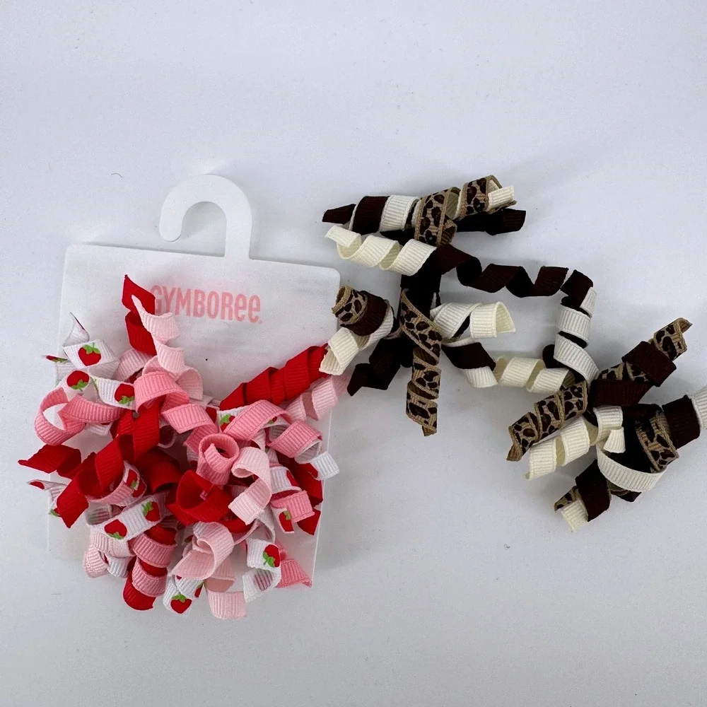 2 pr Gymboree Hair‎ Clips Pink Brown Strawberry Leopard Korker Ribbon 4pc Set